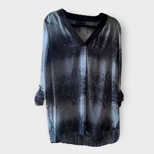 Chic Blue & Gray Ombre Print Blouse with Satin Trim — Size L